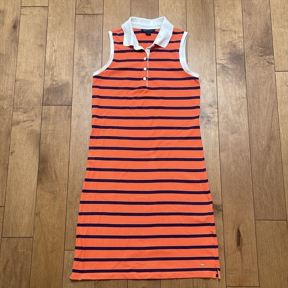 Tommy Hilfiger Slim Fit Stripe Stretch Polo Dress XS orange navy sleeveless